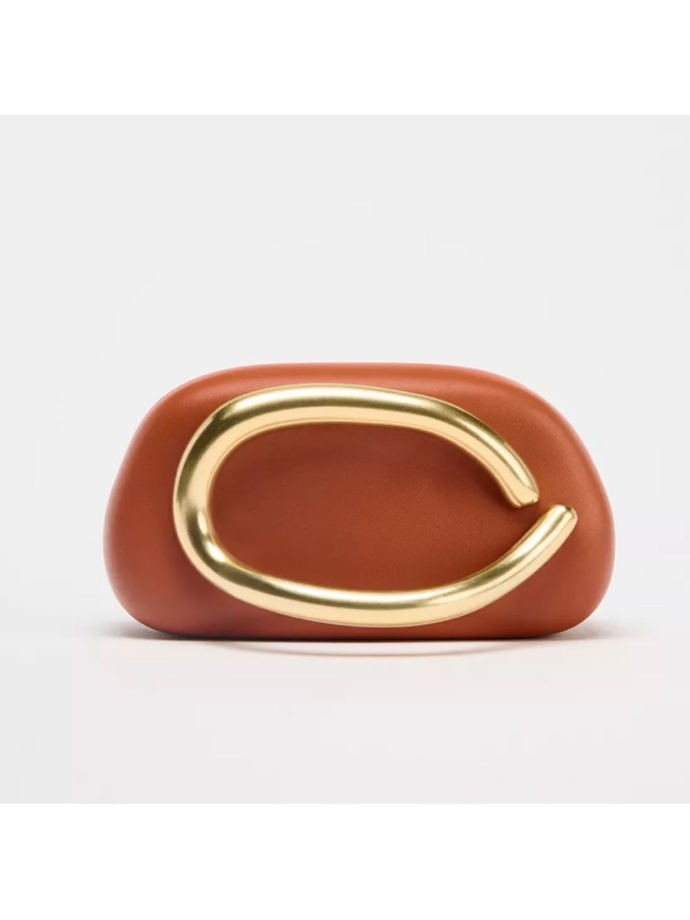 Zara Tan Leather Clutch with Gold Sculptural Accent